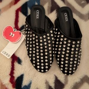 NWT Black rhinestone Mules
